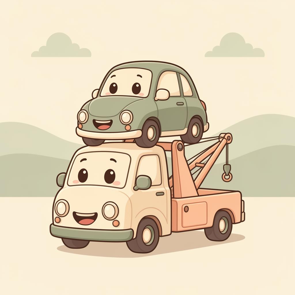 Cheerful cartoon car riding on top of a happy tow truck