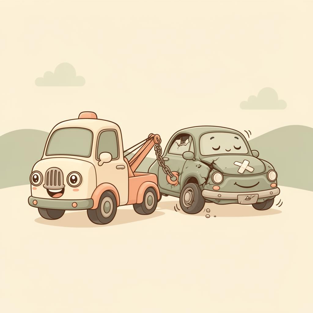 Friendly tow truck towing a gently wrecked cartoon car